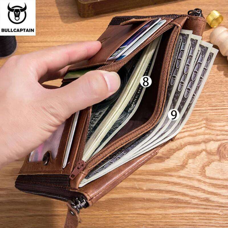 BULLCAPTAIN retro men's leather zipper buckle short money card holder coin purse RFID wallet QB06 Z260130