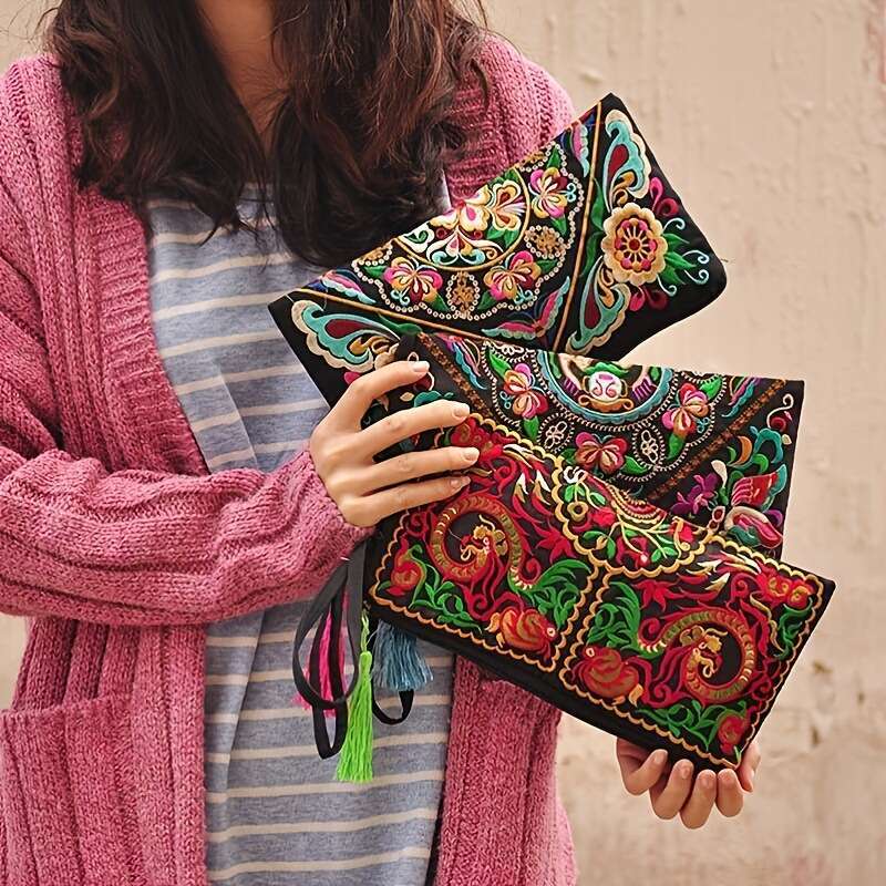 Ethnic Style Embroidered Long Vintage Large Capacity Clutch Ladies Evening Bag Phone Coin Purse Wallet