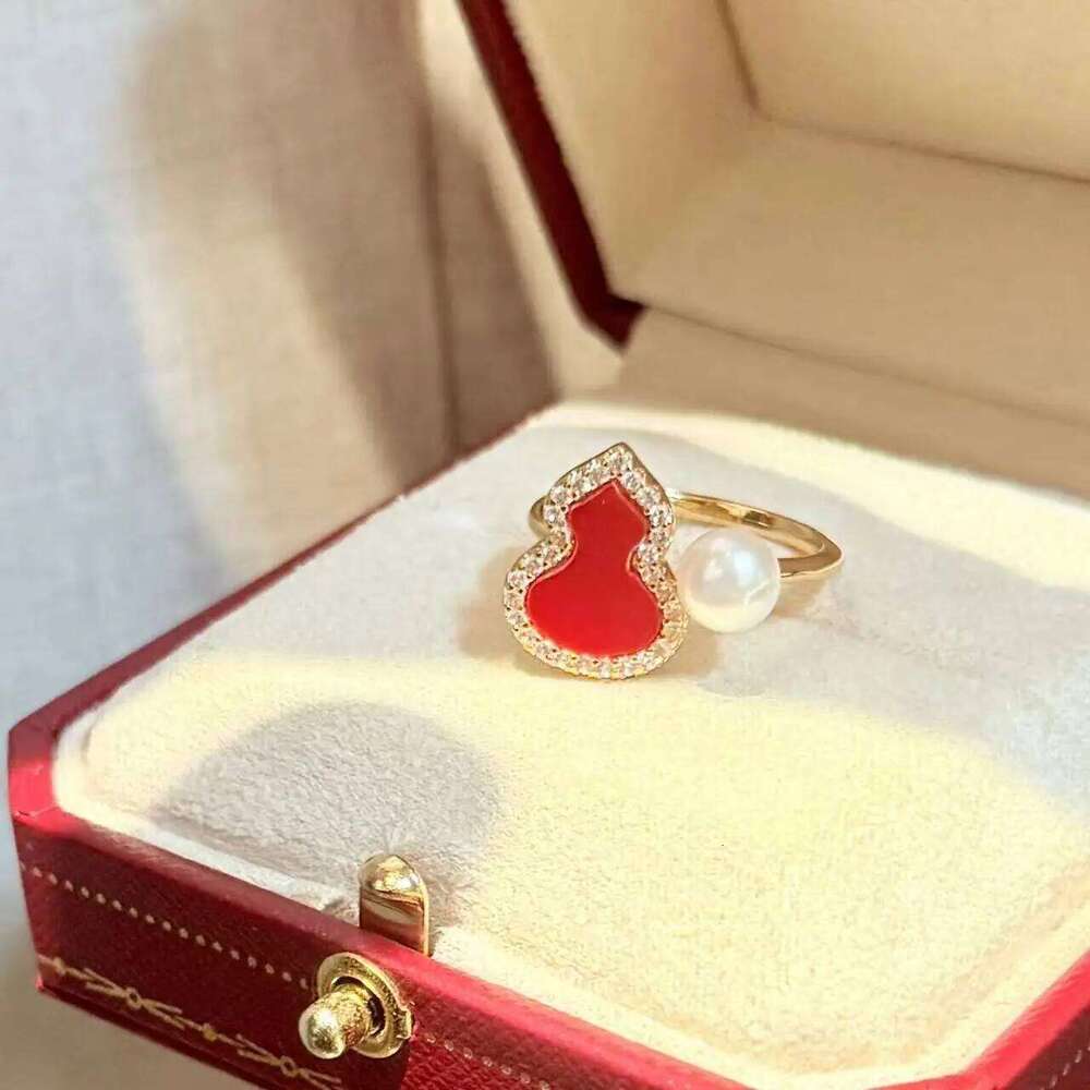 High-Quality Natural Freshwater Pearl 14K Gold-Plated Red Gourd Fu Lu Ring Celebratory Jewelry for New Year