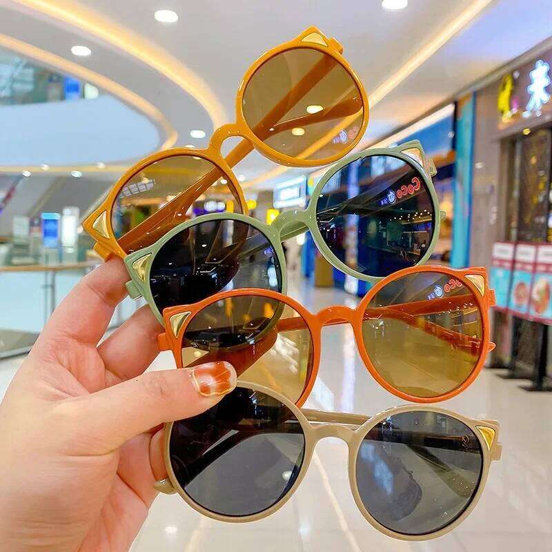 Boys Girls Cute Cat Ear Sunglasses Vintage Travel Outdoor UV-proof Baby Eyewear Children Classic Round Frame Ultralight Glasses H260130