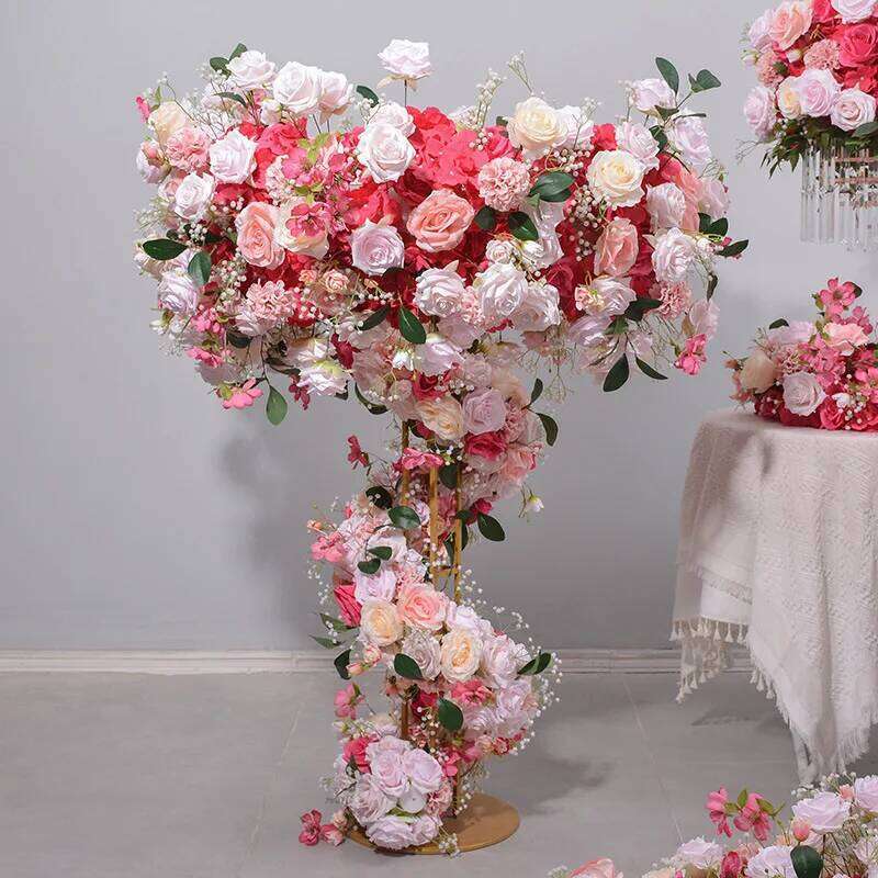 New Hot Pink Rose peony green leaf Artificial Large Runner Row Flower Ball Wedding Backdrop Decoatian Event Party Props W260130