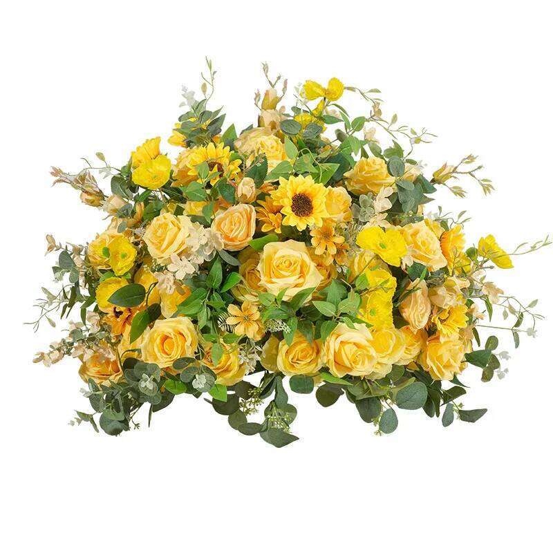 Yellow Rose sunflower green leaf Artificial Large Ball Flower Row Runner Wedding Backdrop Decoar Event Party Props W260130