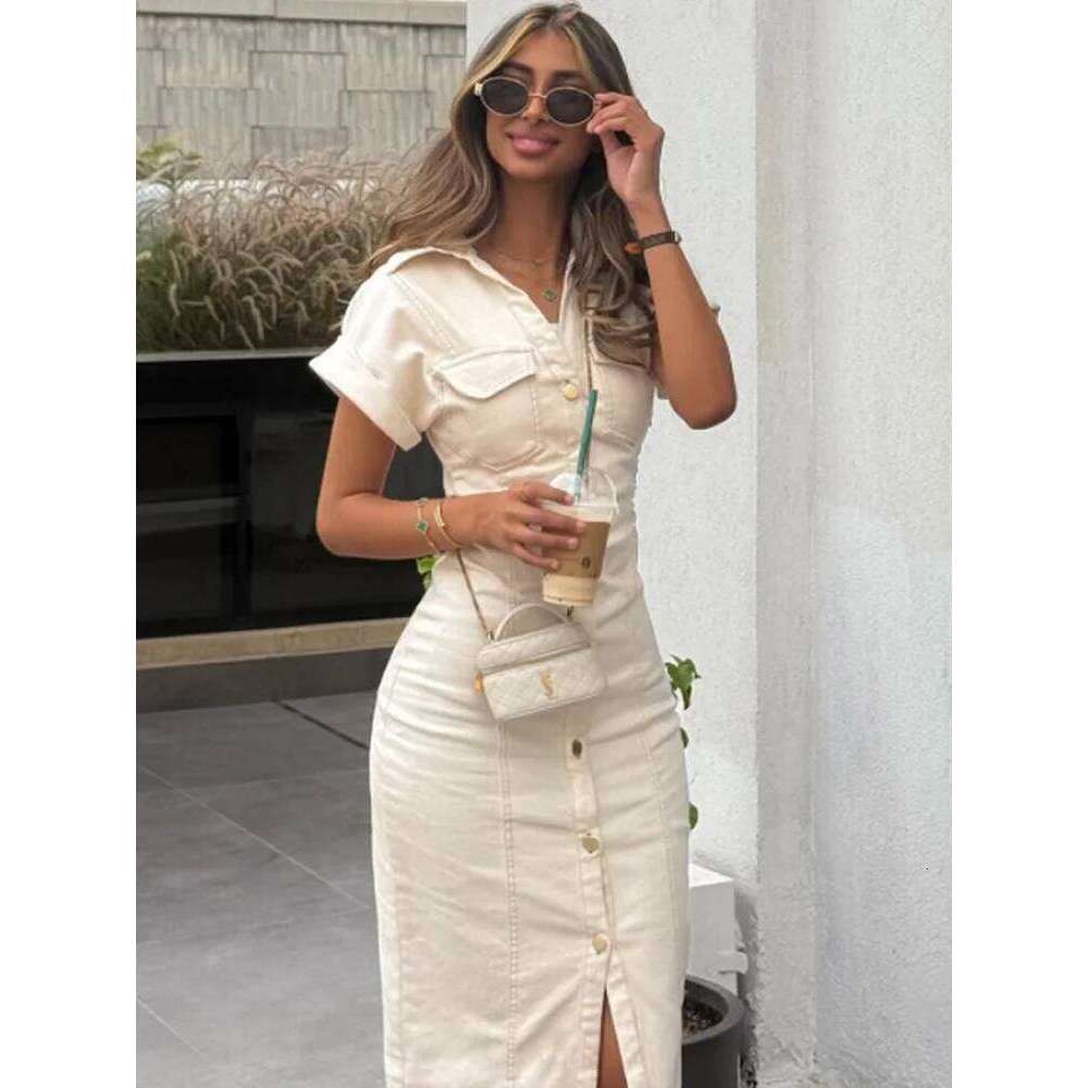 HXAO Women's Dress Button Short Sleeve Midi Summer New Denim Long Dresses Office Elegant Female Clothing XJ260130