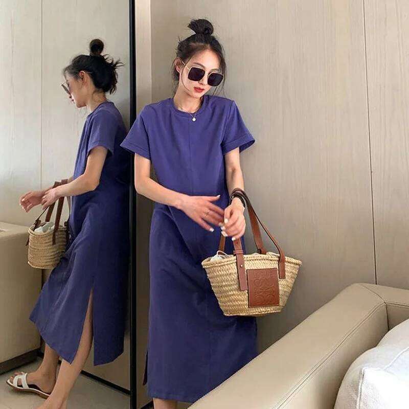 Casual Backless T Shirt Summer New Round Neck Short Sleeve Solid Color Loose Midi Dress Fashion Trend Women Clothing XJ260130