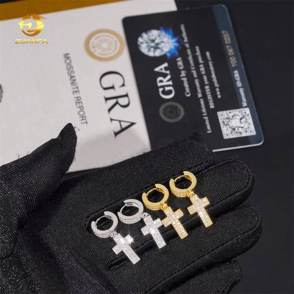 New Fashion Hip Hop Jewelry 925 Silver Iced Out Hoop Cross Drop Moissanite Diamond Earrings for Men