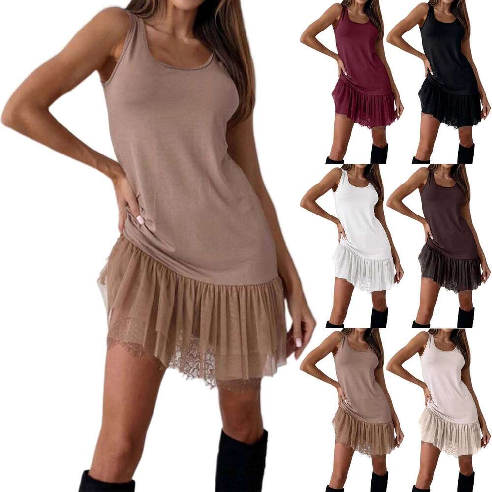 Women Casual Sleeveless Lady Solid Color Lace Hem Design Splicing Daily Outdoor Holiday Party Comfortable Dress XJ260130