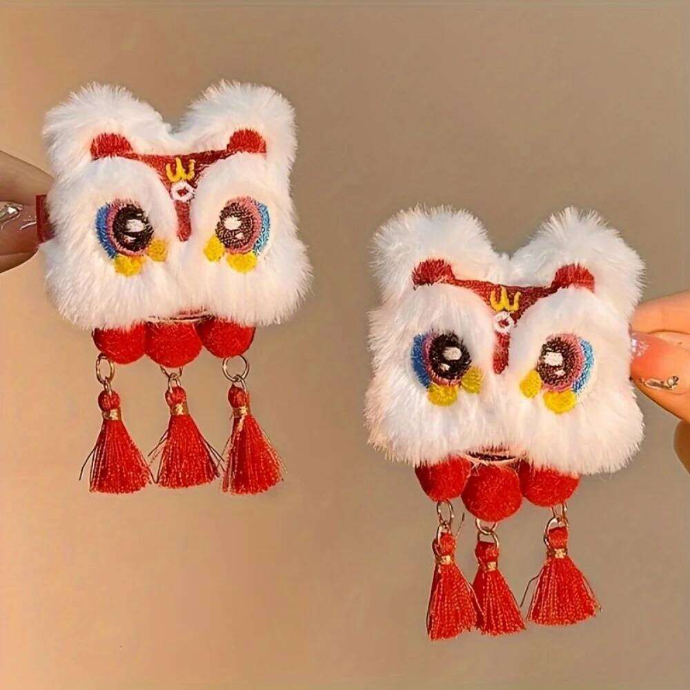 2 Pcs Chinese Style Lion Dance Hair Clips,Plush Animal Tassel Design,New Year Accessories and Gift Sets,Lion Dance,Hair Clips