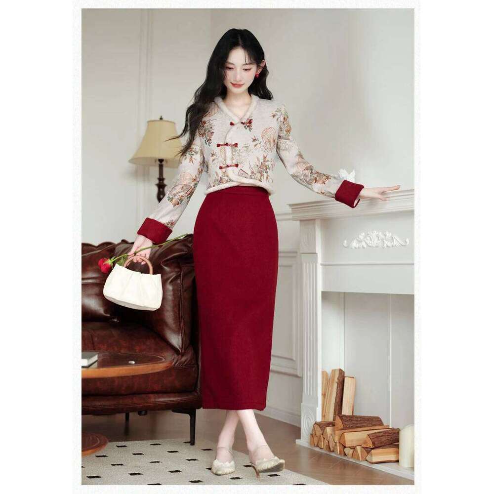 Mardi Hefxessdr Qipao Jacket Coat Embroidered V neck Red Short Skirt New Year s Women Outfits Traditional Chinese Clothing