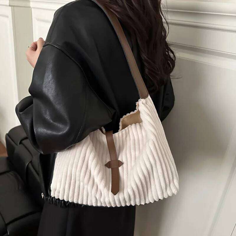 Casual Versatile Corduroy Shoulder Bag Women, Winter Large Capacity Tote Ladies Handbag For Daily Used Z260130