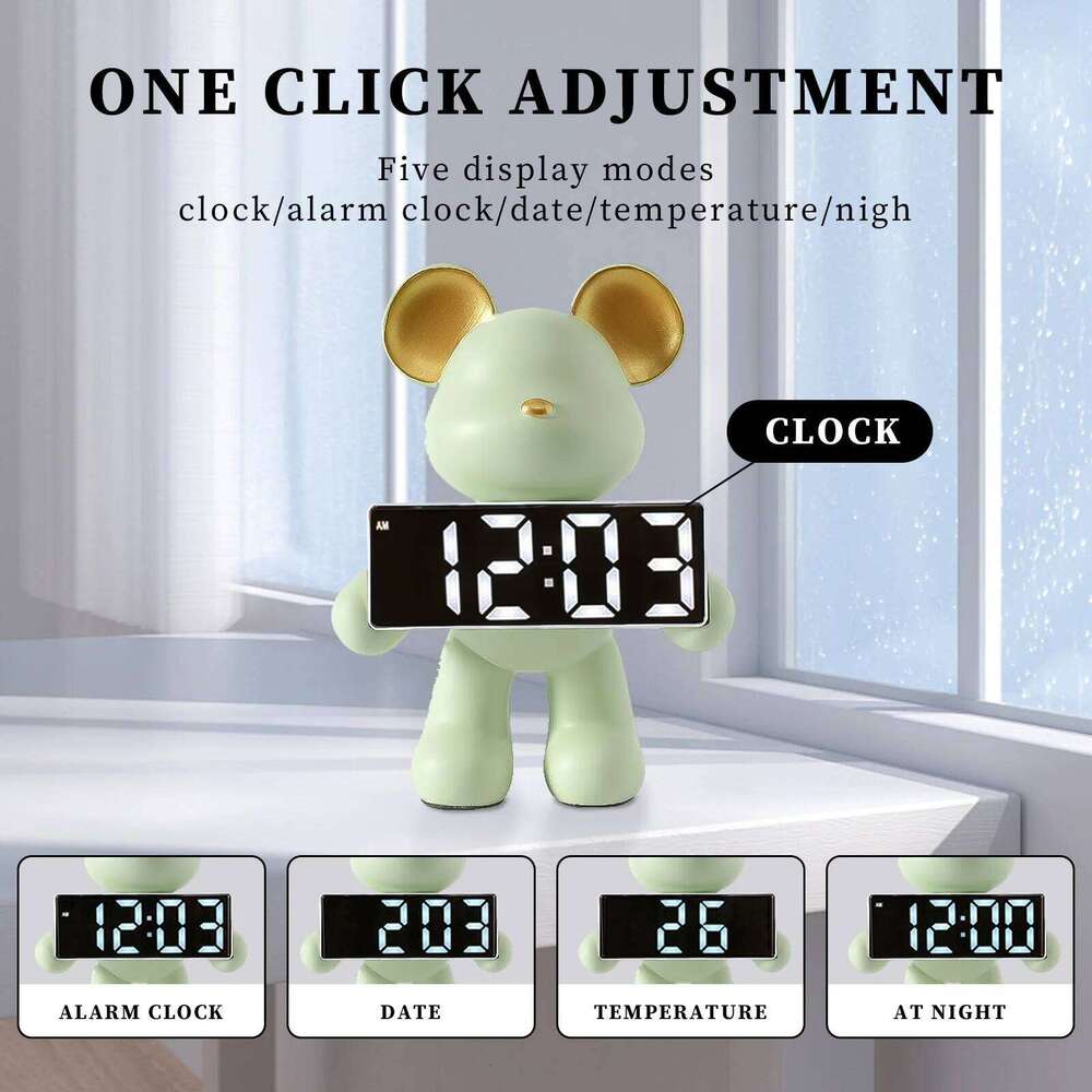 Resin Statue Desktop Ornament Decorative Bear LED Alarm Clock Battery/Plug-in Use Handicrafts for TV Wine Cabinet W260130