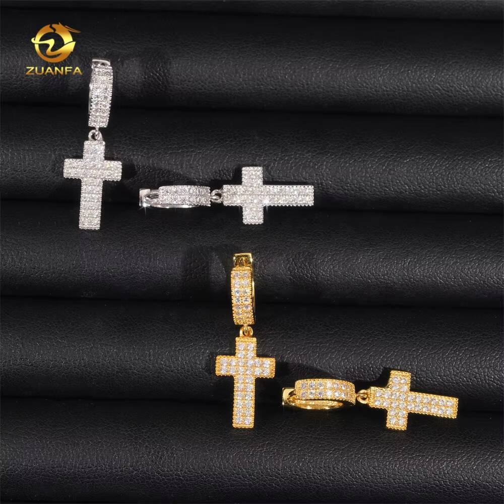 New Fashion Hip Hop Jewelry 925 Silver Iced Out Hoop Cross Drop Moissanite Diamond Earrings for Men