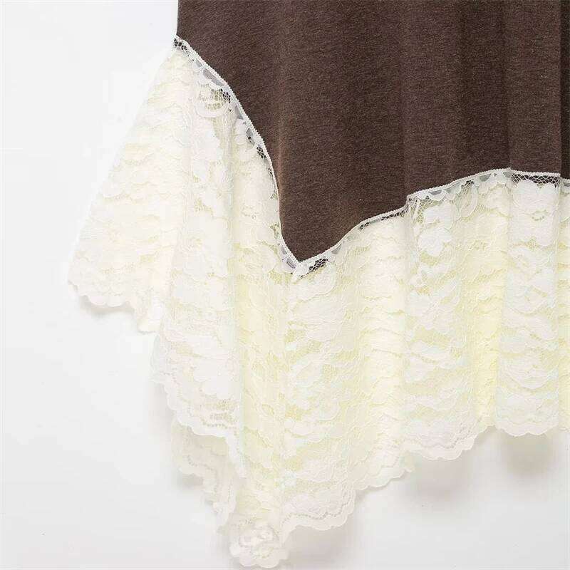 Women's Brown Mock Neck Sleeveless Maxi with White Lace Hem - Elegant Asymmetric Knit Dress for Casual & Formal XJ260130