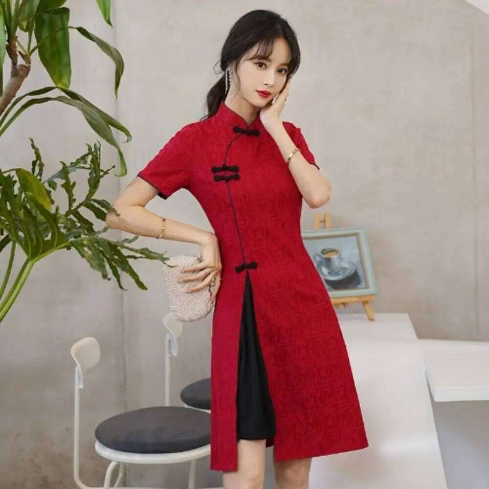 Fashion 2026 Stand Collar Short Sleeve Qipao Long Fork Vintage Traditional Chinese Dress China-Chic Casual Cheongsam Women Designer