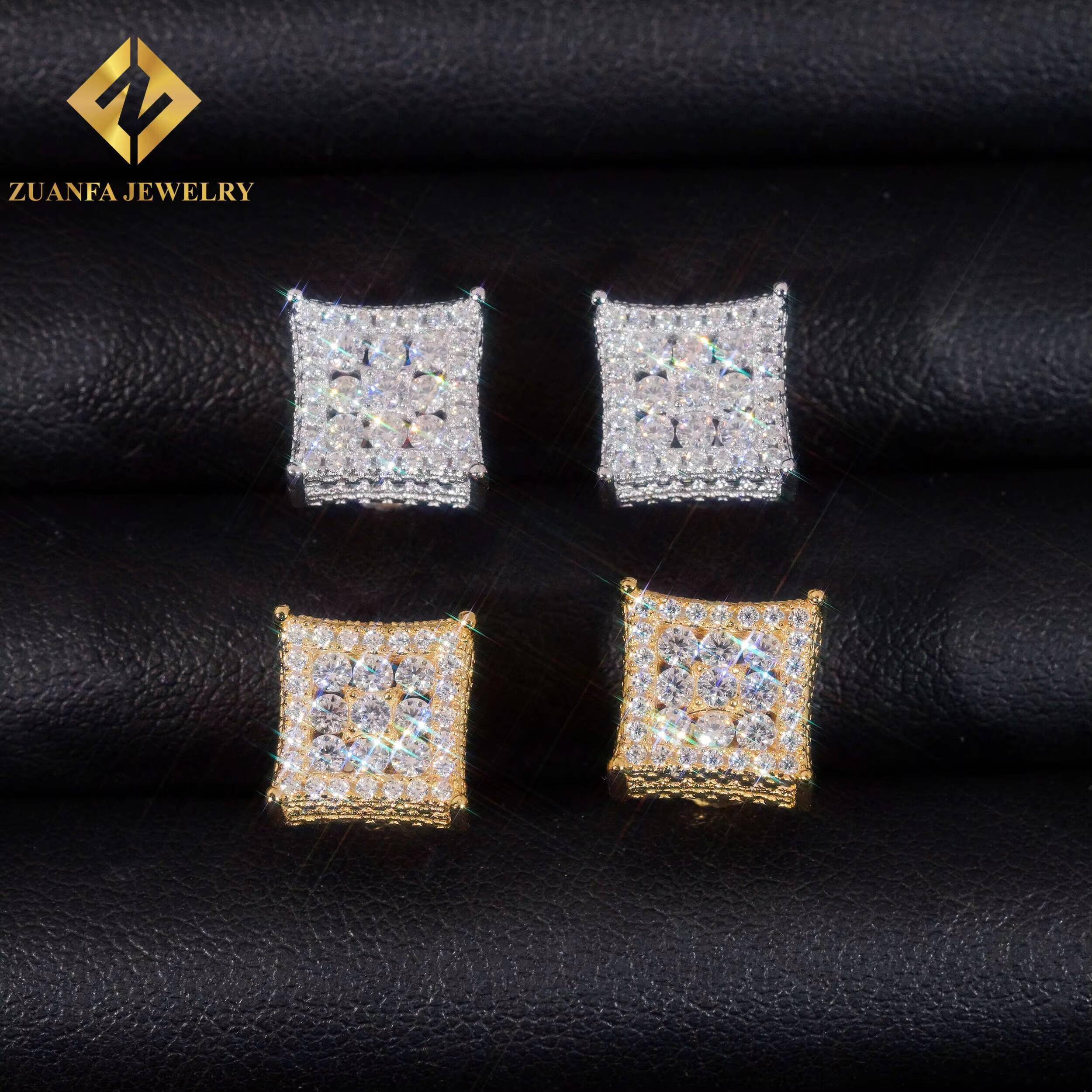 1010mm Square Stud Earring 925 Silver Moissanite Stud Hip Hop Fine Jewelry Stud Earring for Men Women