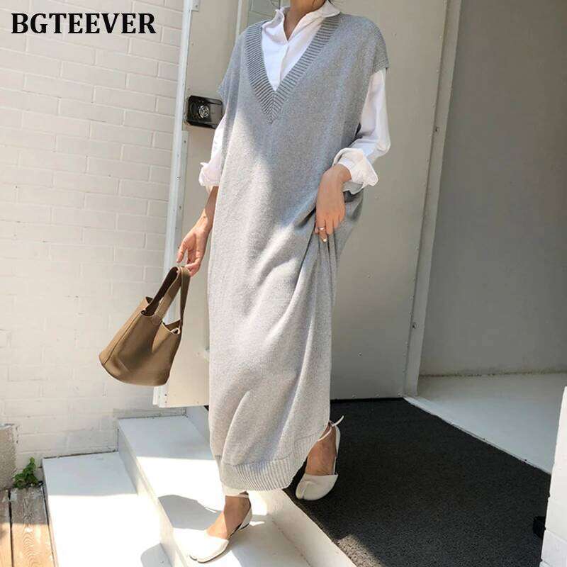 BGTEEVER Chic Casual Winter Oversize Straight Sleeveless Sweater Women Thick Knit Long Female Knitted Vest Dress XJ260130