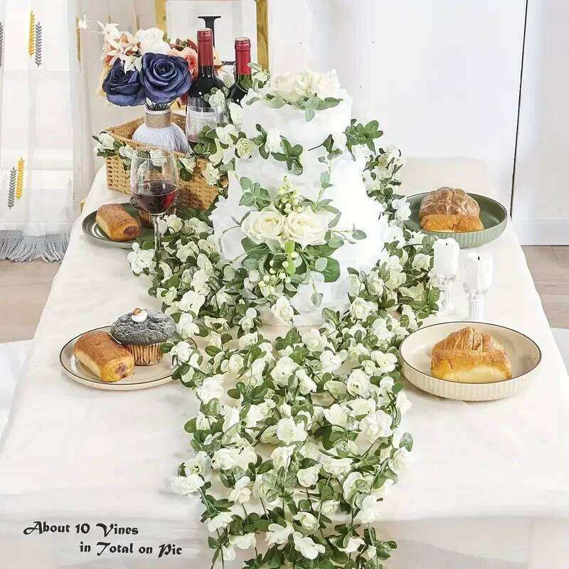 Silk Rose Artificial Vine Hanging Flowers for Wall Christmas Rattan Plants Leaves Garland Outdoor Wedding Home table Decoration W260130