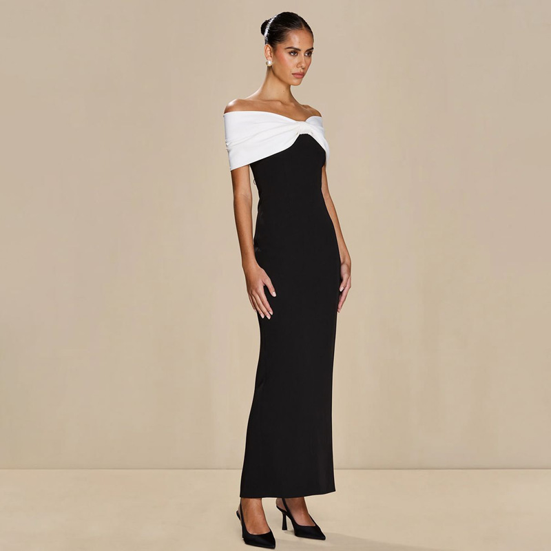 Summer Sexy Off Shoulder Bow Slit Maxi Long Dress For Wedding Black and White Evening Dress Elegant Cocktail Party Dress