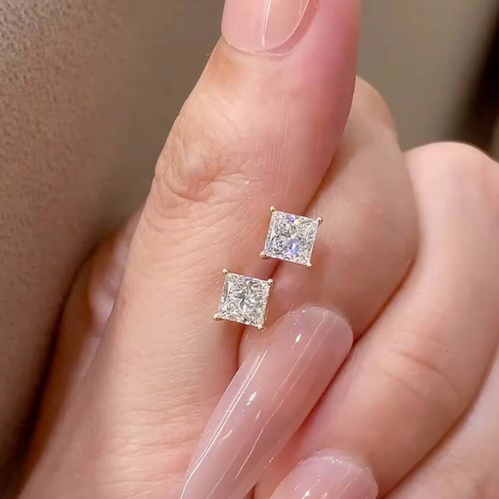 Princess Cut Lab Grown Diamonds Stud Earrings 3mm 18K White Solid Gold for Women