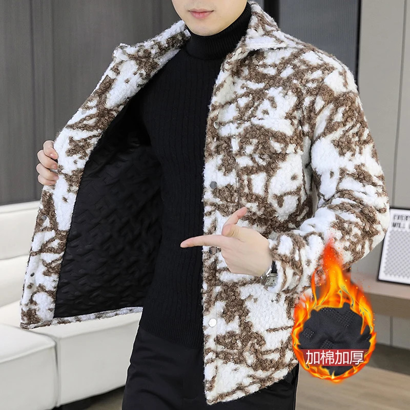 winter Jacquard Woolen Jacket for Men Fashion lapel Casual Short Trench Coat Thickened Warm Streetwear Overcoat 260122