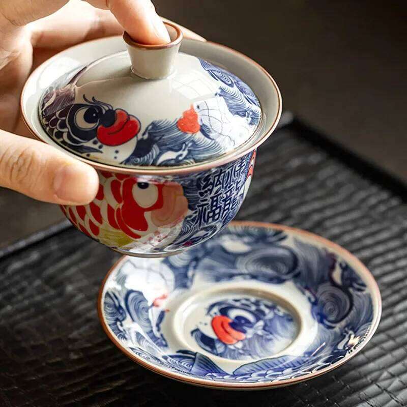 130ml Chinese Blue and White Ceramic Tureen Handmade Fish Gaiwan Beauty Infuser Teacup Household Tea Bowl Teaware