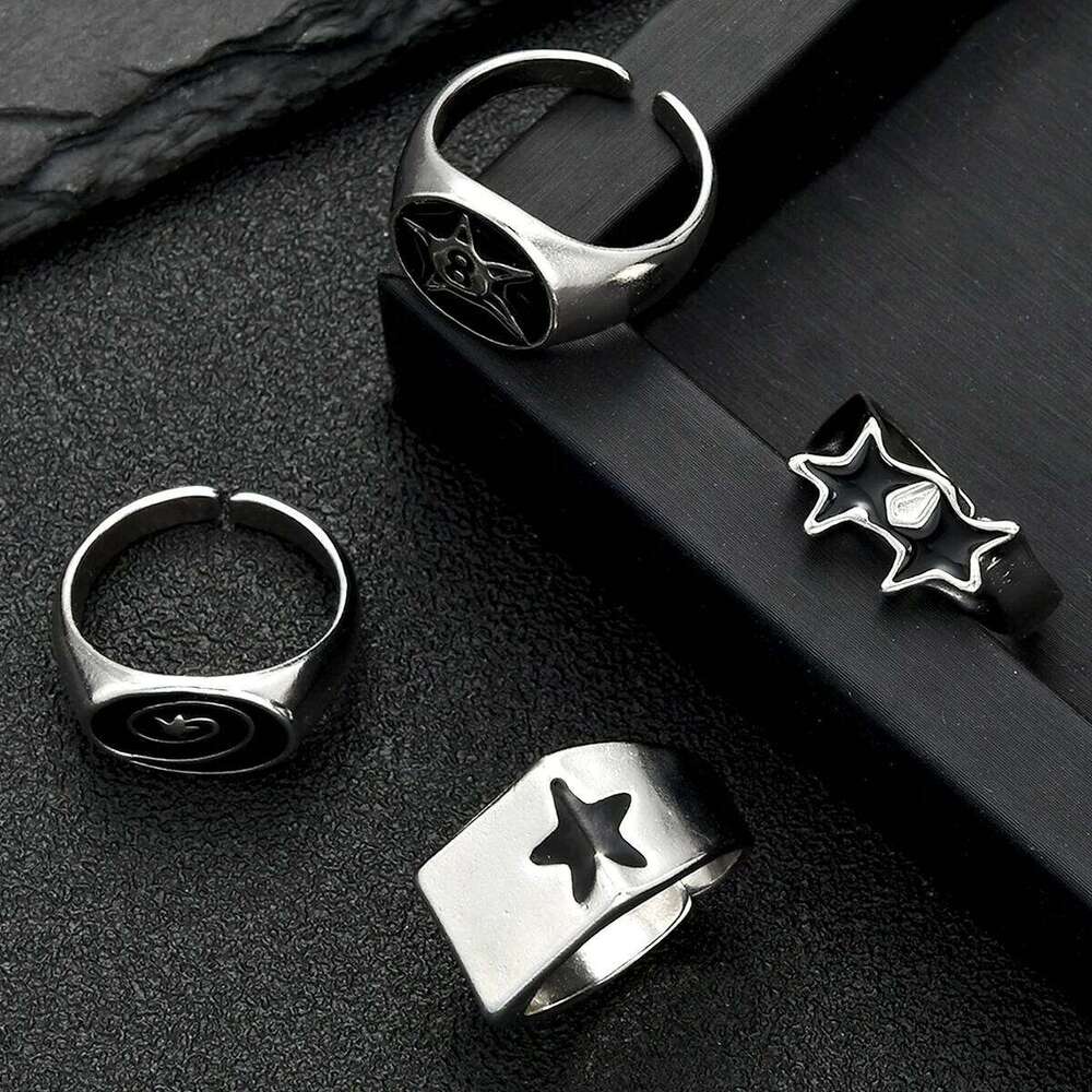 4 Pcs Punk Black Star Rings Set for Women Men Fashion HipHop Silver Color Geometric Thick Finger Ring Y2K Unisex Jewelry Gifts XJ260130