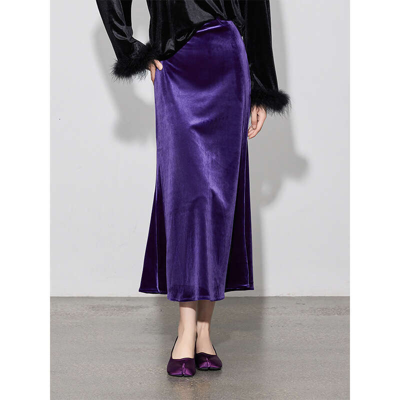 Zhihetang Autumn New Elastic High Waist Velvet Vintage Slim A-Line Long Skirt For Women 670 LEEGO LENS