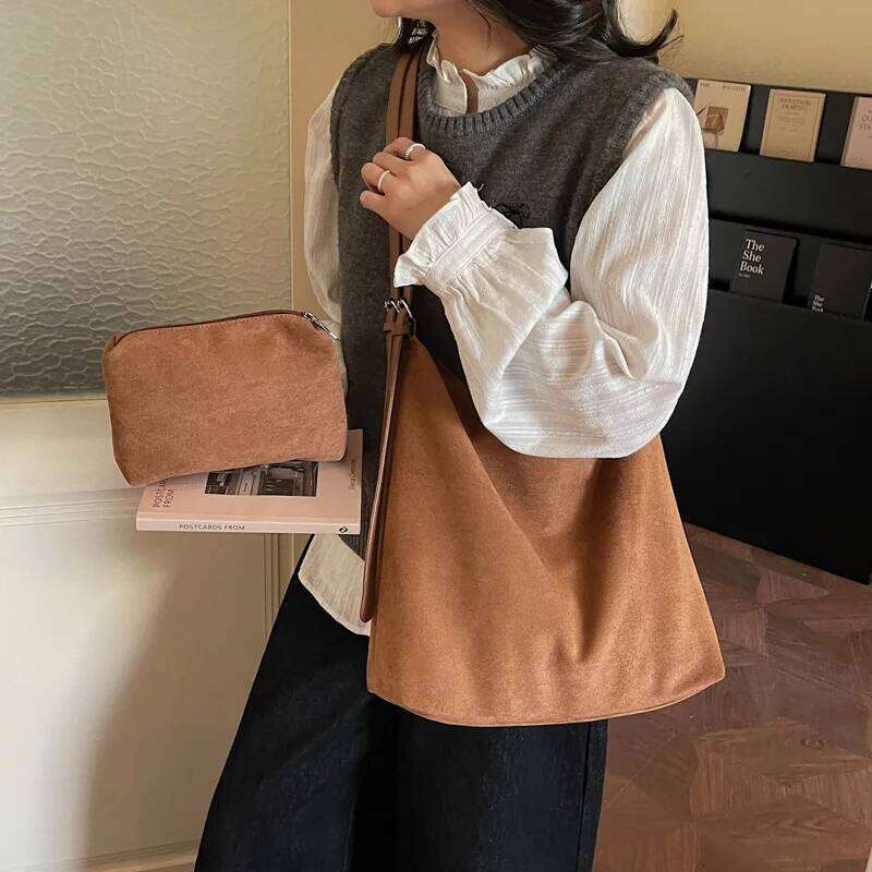 Fashionable Large Capacity Suede Shoulder Women Casual Retro Tote Handle Bag for Commute Texture and Versatile Storage Bags Z260130