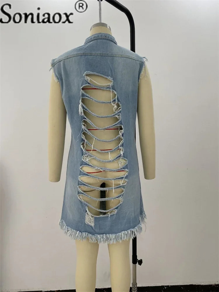 2024 Womens Hole Patch Denim Jackets Ladies Fashion Sleeveless Ripped Distressed Long Jacket Coat Outwear Women Clothing 260120
