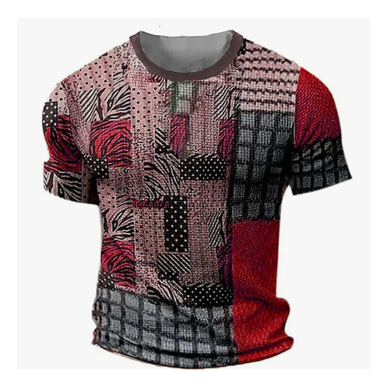 Men's T-shirt Retro Patchwork Print Short Sleeve Mixed Checkered And Animal Patterns Relaxed Crew Neck Fit Daily Outfit