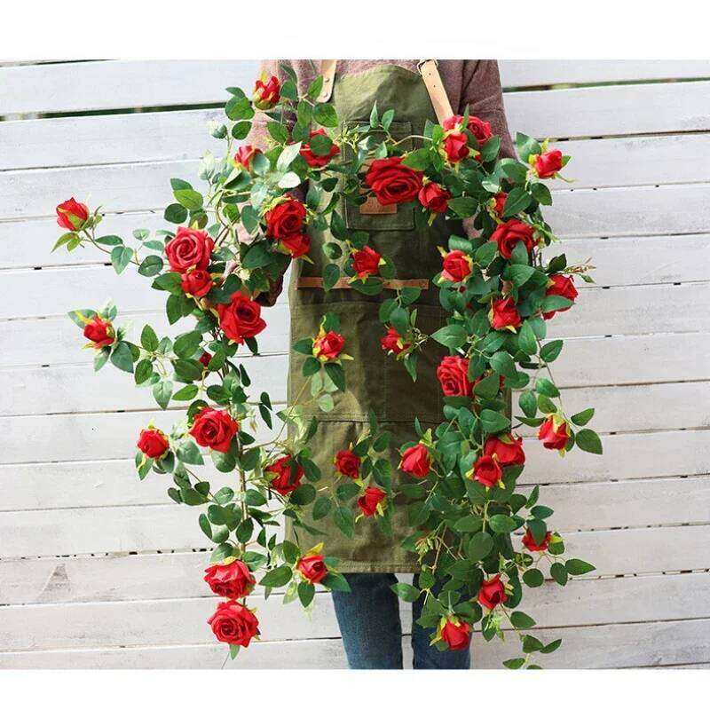 Artificial Flowers Vines Silk Star Rain Roses Fake Flower Shopping Mall Decoration Simulation Orange Pink Rose Vine Green Plant W260130