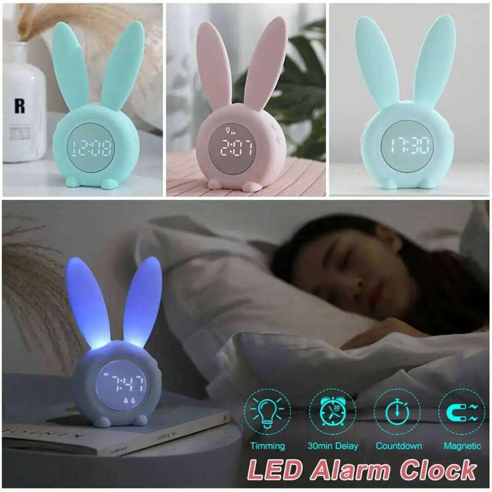 Bunny Ear Digital Alarm Electronic LED Display Sound Control Cute Rabbit Night Lamp Snooze Desk Clock Home Decoration W260130