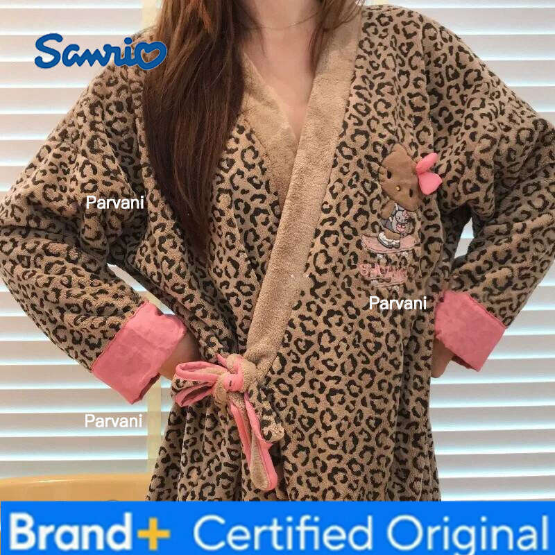 Sanrio Hello Kitty Bathrobe Leopard Print Drying Cap Coral Fleece Quick-Absorbing Lint-Free Soft and Skin-Friendly Homewear Gift H260130