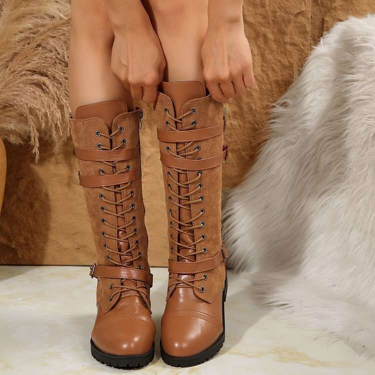 Large Size Belt Buckle Long Tube Riding for Women, New Autumn Round Toe Chunky Heel Lace-up Leather Boots