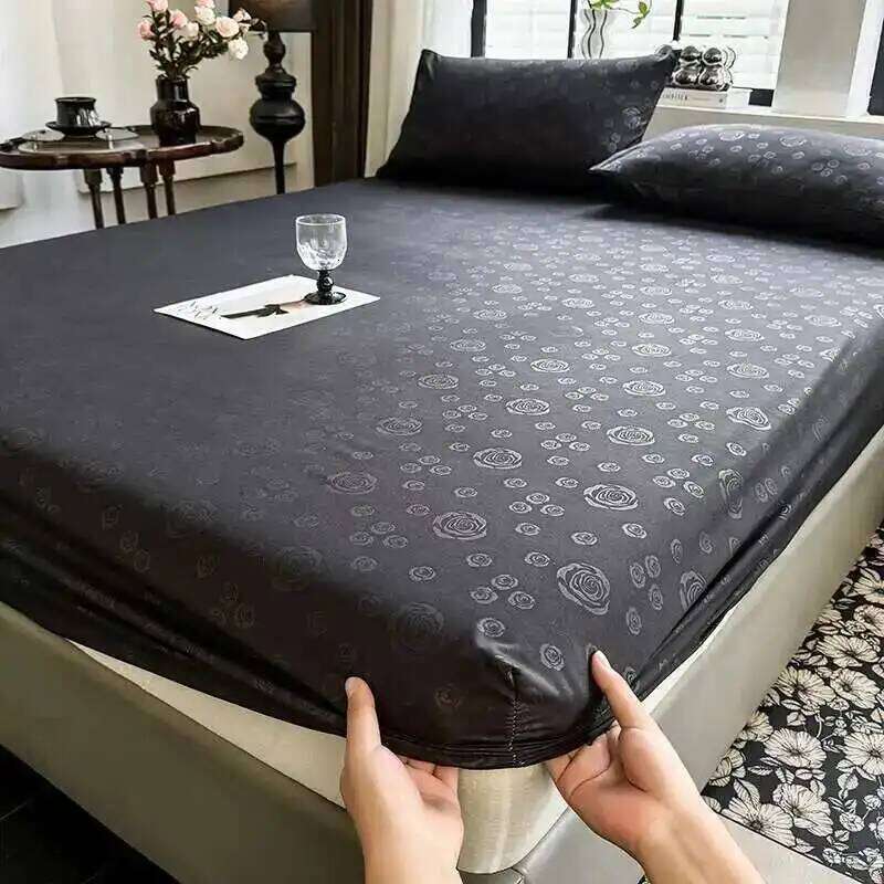 Set Queen/King Size Solid Color & Rose Printed Bed Sheet Fitted Sheets For Double Beds Linen Set, Luxury Bedding