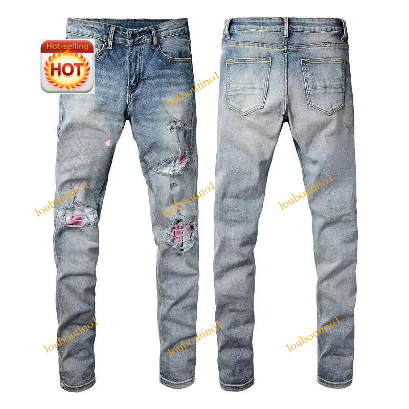 Amirijeane Men's Jeans High Stretch Skinny Pants Color Distressed Black Streetwear Button Ripped Brand