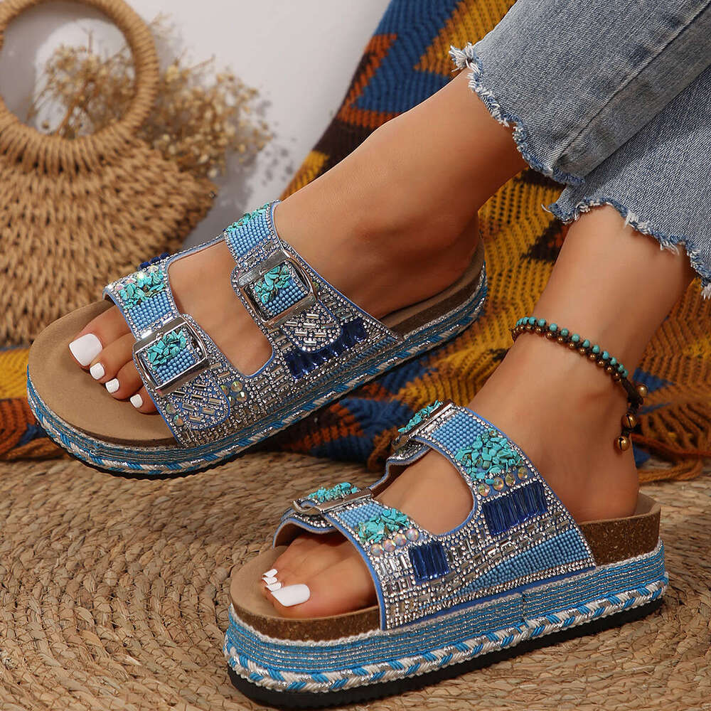 In Stock New Foreign Trade Hemp Rope Double Buckle Rhinestone Slippers for Women Summer Cork Thick Sole Beach Sandals Size 43