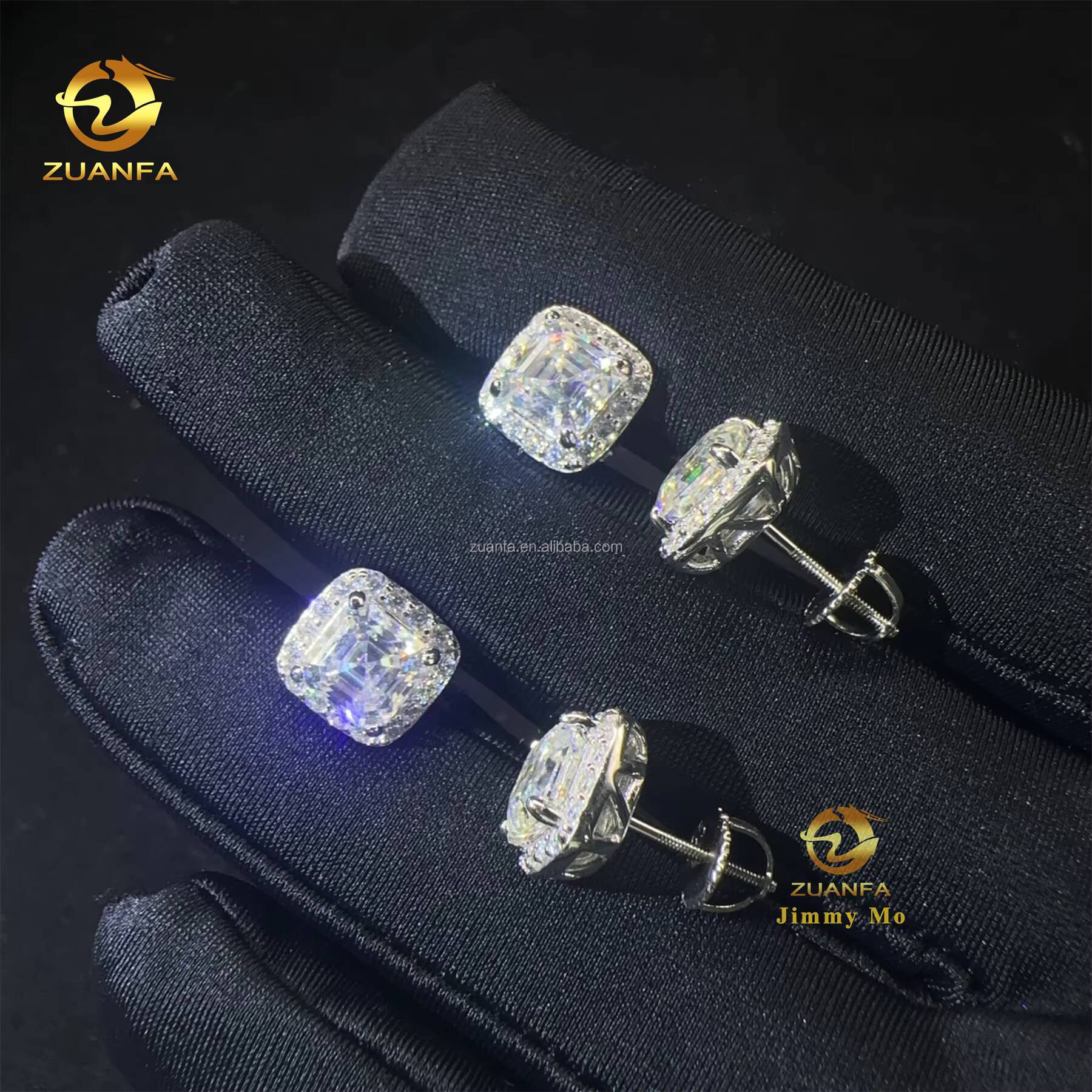 Ready to Ship Bulk Stock Pass Diamond Testser Iced Out Hip Hop Sterling Silver Square Asscher Moissanite Diamond Stud Earrings