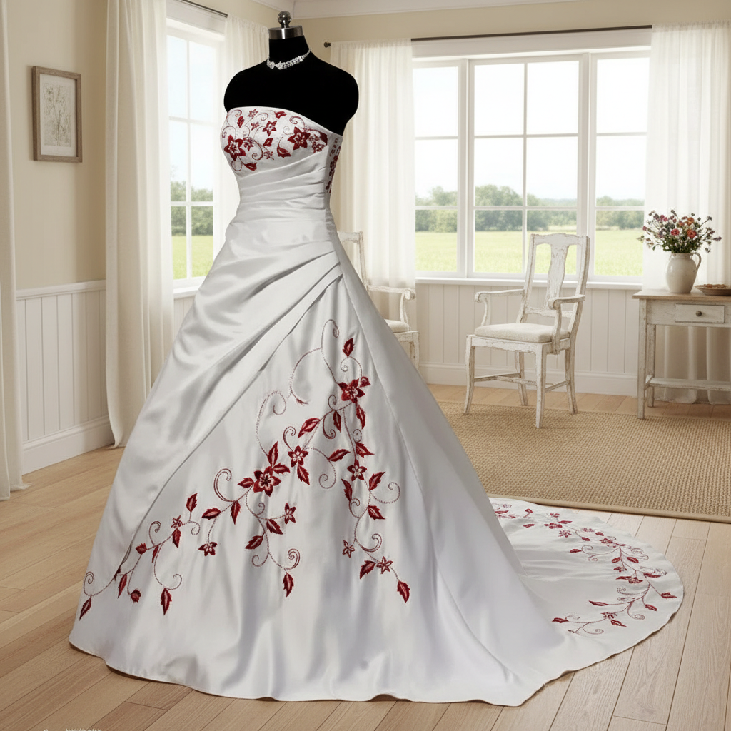 Elegant Burgundy Embroidery Wedding Dresses White Satin A-Line Bridal Gowns Court Train 2026 Chic Bride Dress