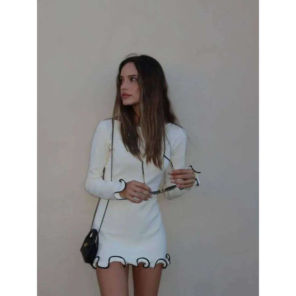 Knit Black Mini Women Autumn Long Sleeve Ruffled 2024 Fashion Elegant Party Dress Commute Female Short Sweater Dresses XJ260130