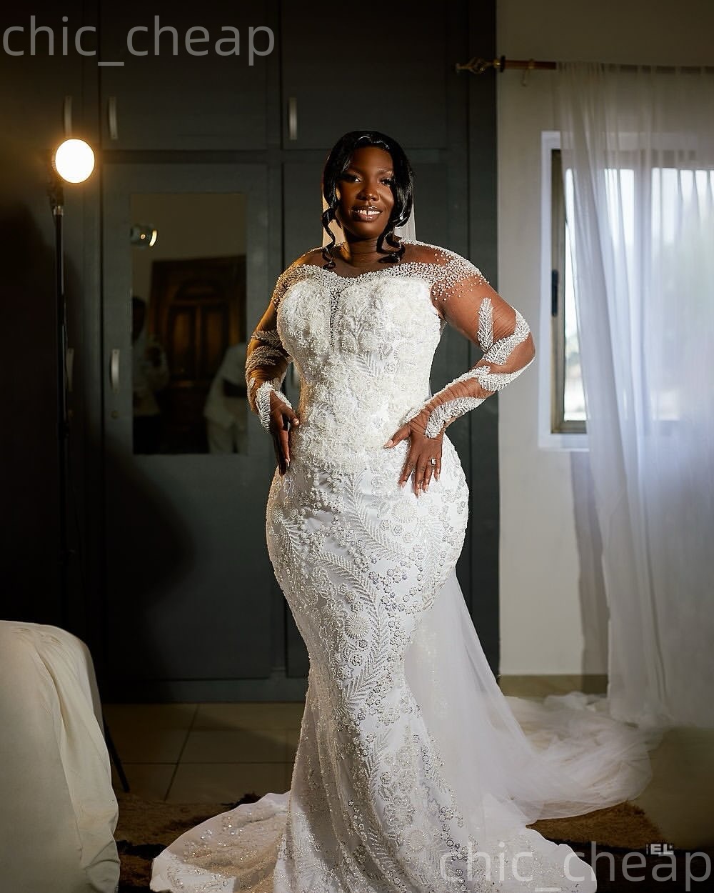 African Aso Ebi 2026 Ivory Mermaid Wedding Dress Beaded Appliques Sheer Neck Sequined Full Sleeves Vintage Charming Bridal Gowns Dresses ZJ2341