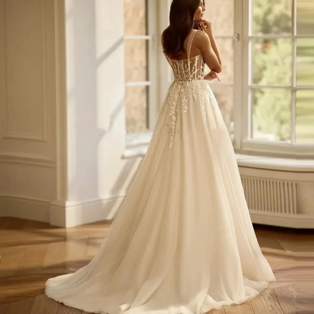 Sexy Floral Spaghetti Straps Boho Wedding Dresses Princess Appliques Bridal Gowns Robe De Mariee Vestidos De Novia