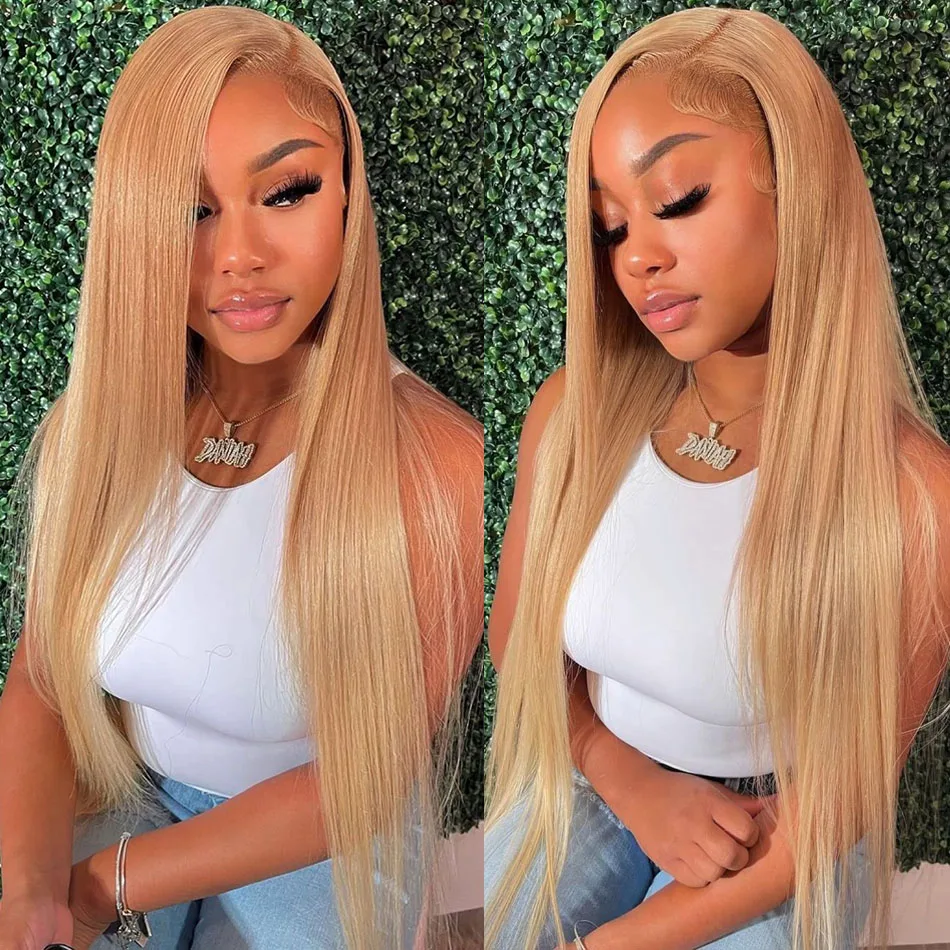 Honey Blonde HD Transparent Lace Front Wigs Human Hair #27 Colored Brazilian Bone Straight Lace Frontal Human Hair Wigs