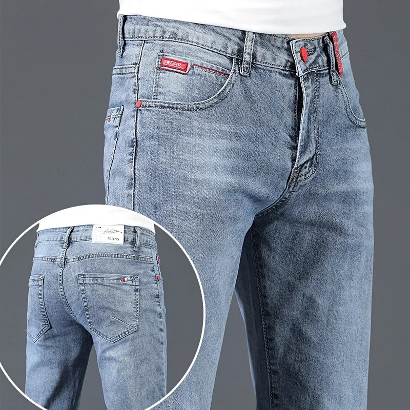 Mens Cotton Business Casual Skinny Jeans Trendy Fashionable Stretch Straight Slim Denim Trousers Male Blue Grey 260127