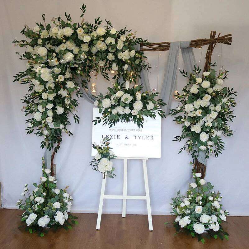 white Rose Green Leaf Artificial Row Wedding Backdrop Wall Deco Hanging Corner Flower Party Centerpiece Table Floral deco W260130