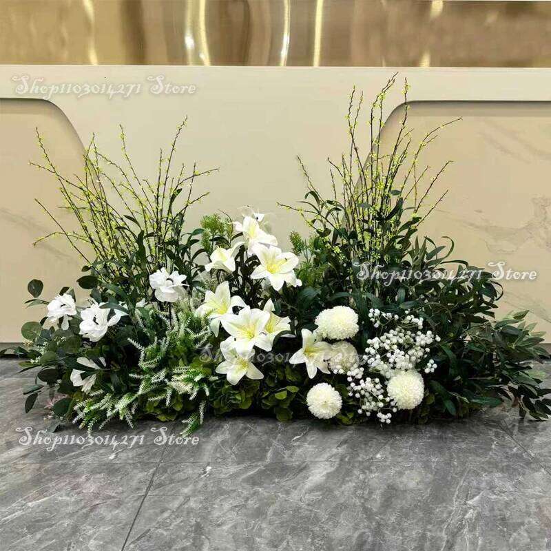 Green Leaf Silk Rose White Hydrangea Floor Flowers Row Wedding Table Floral Commercial Plaza Partition Hotel scene Layout Decor W260130