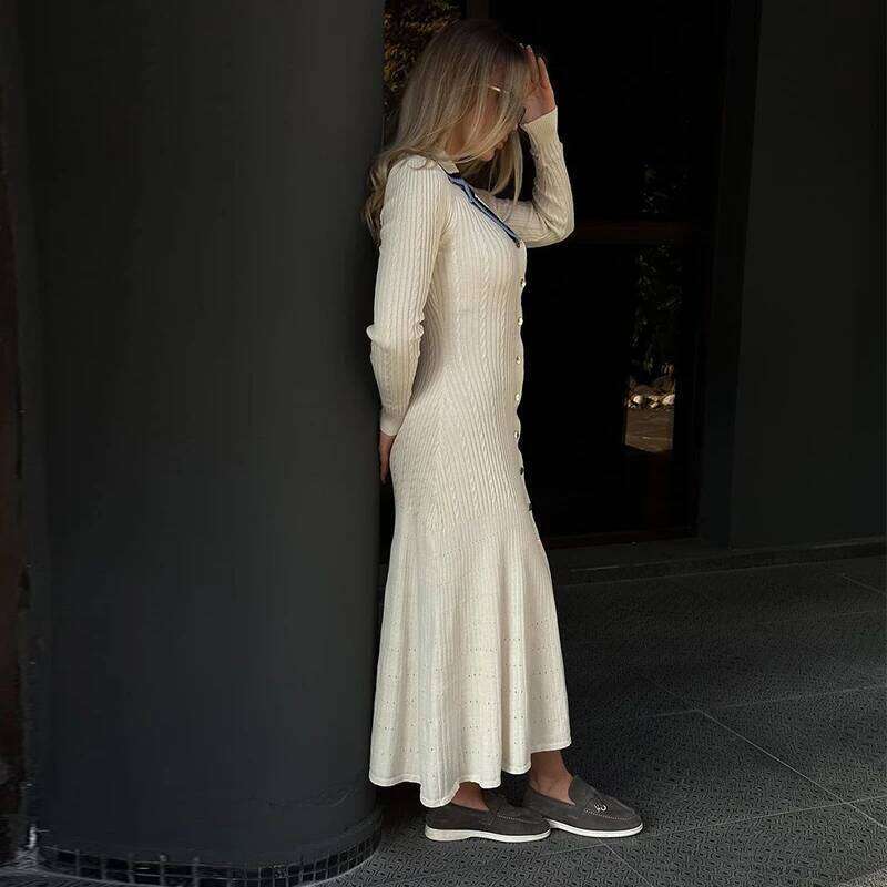 Contrast Knitted Dress Women Elegant Embroidery Lapel Long Sleeve Midi Dresses 2024 Autumn Winter Casual Single Breasted Vestido XJ260130