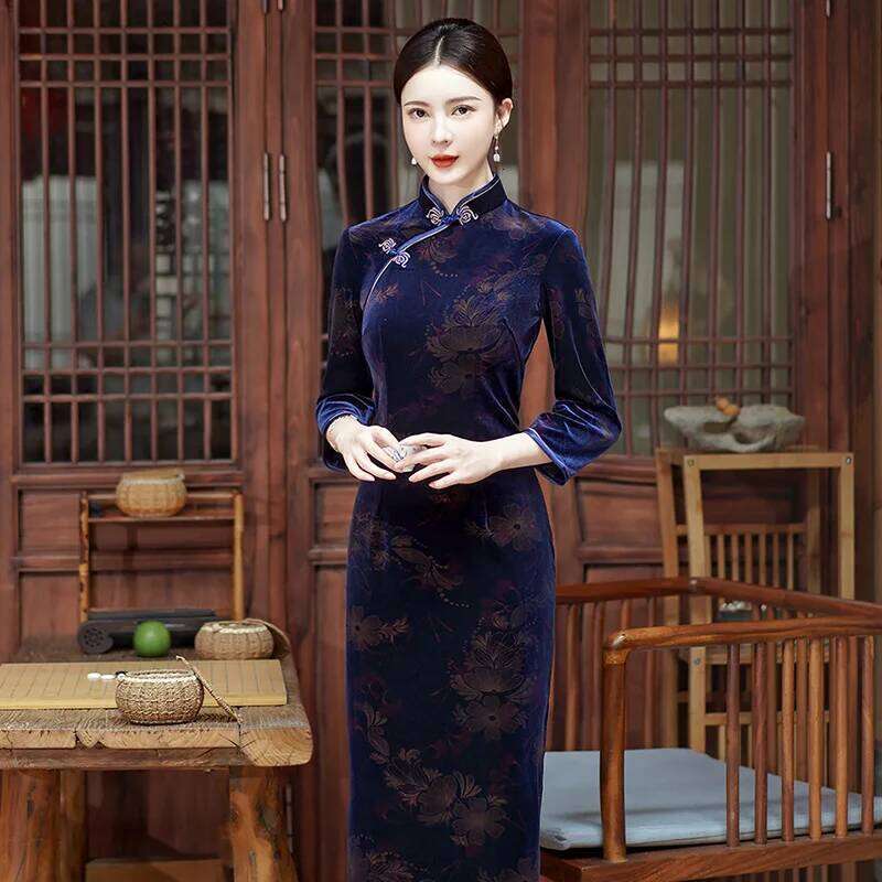 Women Flocking Cheongsam Improved Winter Plus Size Dress Chinese Style Evening Dresses Show Long Qipao Costume 4 Color
