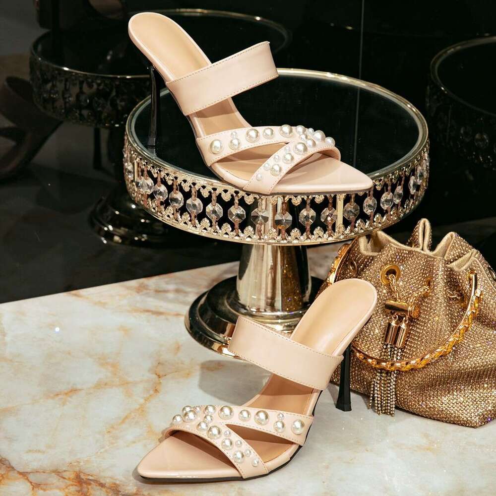 2026 Summer New Nude Pointed Pearl Stiletto High Heels Women Fashion Elegant Design Shoe peep Toe Sandals