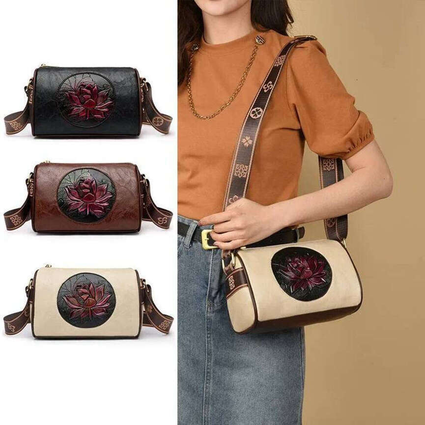 TAURUSCIAGA Vintage 3D Floral Women's Crossbody Shoulder Phone Stylish Cylinder Bag Ethnic Chic Red Rose Embossed