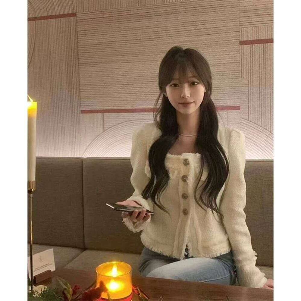 ZHE HAN Cropped Tweed Jacket Women Vintage Tassel Patchwork Black Coats Autumn Korean Elegant Square Collar Long Sleeve Outerwears